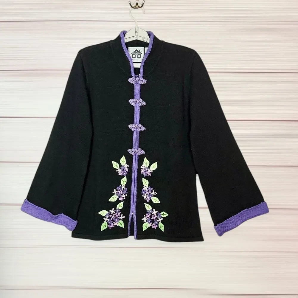 NWT Storybook Knits Black Cardigan Chinese Style Zip Front Embroidered L Vintage - Picture 2 of 14